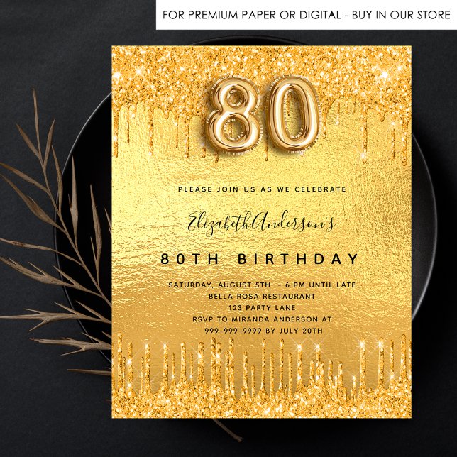 80. Geburtstagsparty Gold Glitzer Tropfen Einladungspostkarte (Von Creator hochgeladen)