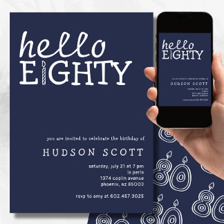80. Geburtstagsparty Hello Aighty Navy Blue Einladung