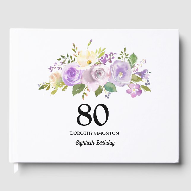 80. Geburtstagsparty Lila Floral Gästebuch (Vorderseite)