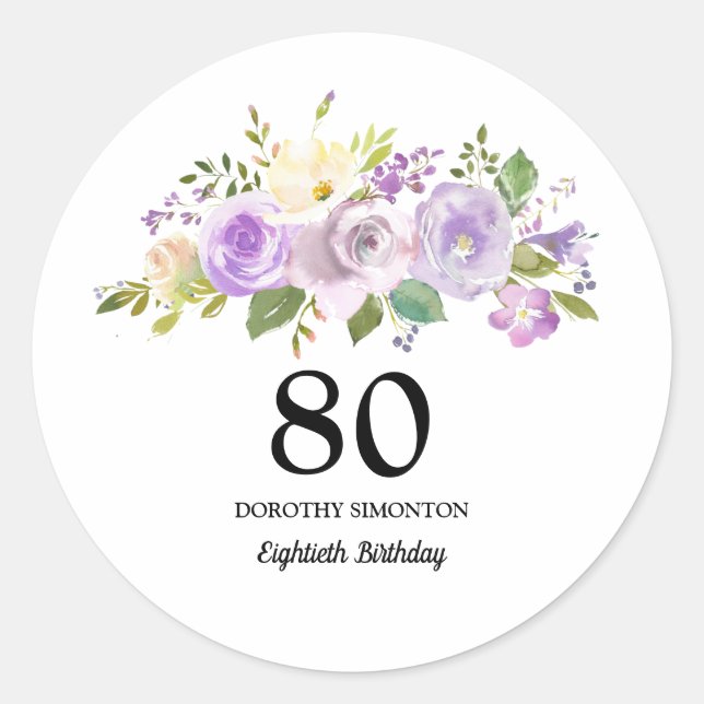 80. Geburtstagsparty Lila Rose Runder Aufkleber (Vorderseite)