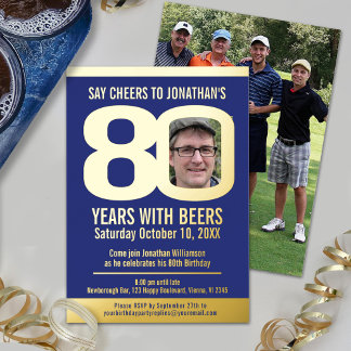 80. Geburtstagsparty mit blauen Goldfolie Foto Bie Folieneinladung