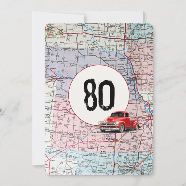 80. Geburtstagsparty Red Retro Truck Einladung (Vorderseite)