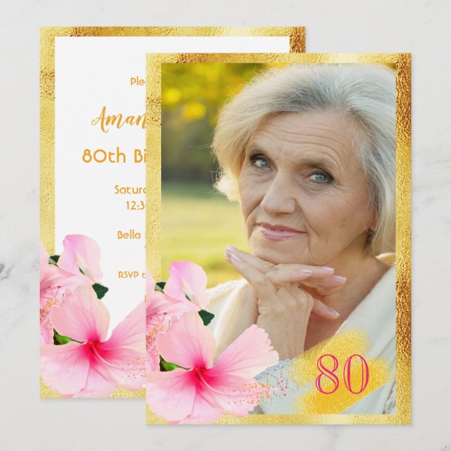 80. Geburtstagsparty Rosa Blumenweißes Foto Einladung (Vorne/Hinten)