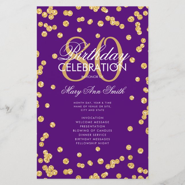 80. Geburtstagsprogramm Gold Lila Glitzer Menü (Vorne)