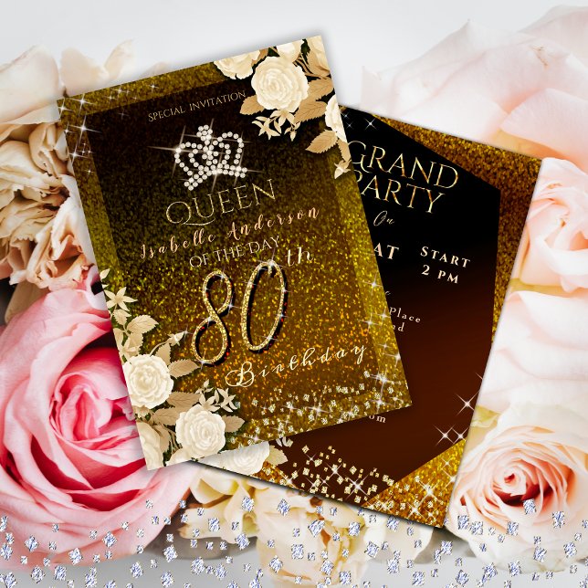 80. Glittering Crown Gold Geburtstag Einladung (Elegant crown birthday Invitation card for your mom or grandmother for her special 80th birthday.)