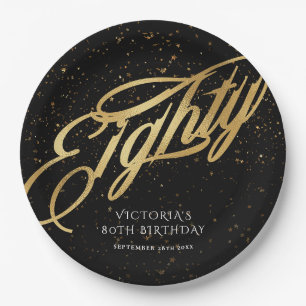 80. Gold Black Confetti Glitzer Foil Chic Pappteller