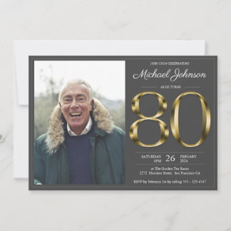 80. Gold Text Dunkelgrau Klassisches Foto Geburtst Einladung