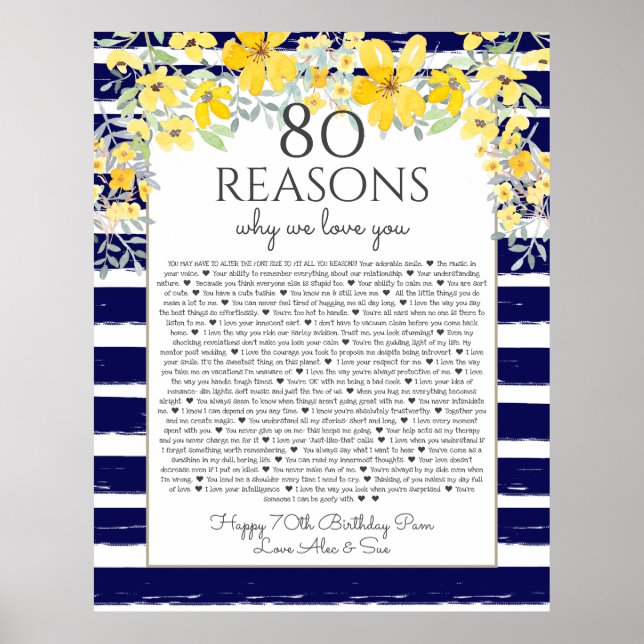 80 Gründe, warum wir Sie Liebe gelbe Marine Blumen Poster (Vorne)