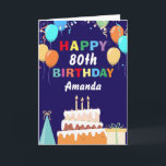 80. Happy Birthday Balloons Cake Navy Blue Karte<br><div class="desc">80. Happy Birthday farbenfrohe Balloons Cake Navy Blue mit personalisiertem Namen. Für weitere Anpassungen klicken Sie bitte auf die Schaltfläche "Anpassen" und verwenden Sie unser Designwerkzeug,  um diese Vorlage zu ändern.</div>
