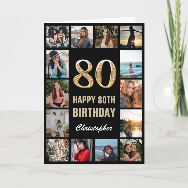 80. Happy Birthday Black and Gold Foto Collage Karte (Vorderseite)