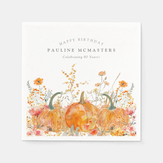 80. Happy Birthday Pumpkin Wildblume Custom Serviette (Vorderseite)