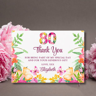 80 Jahre Florale Blumen - Schmetterling 80. Geburt Dankeskarte
