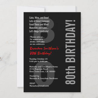 80. Modern Birthday Schwarz-weiß Red Template Einladung