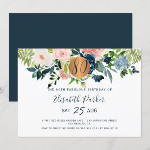 80. Moderne Navy-Blumen-Aquarell-Geburtstagsfeier Einladung