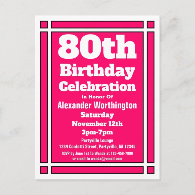 80. Pink Simple Birthday Einladung Postkarte (Vorderseite)