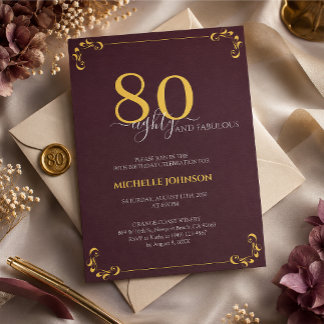 80 & Prächtiger Burgunder-Weiß-Gold-Geburtstag Einladung