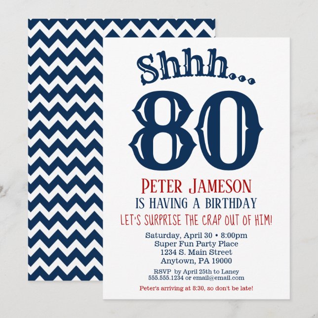 80. Überraschung Geburtstag Einladung Mens Navy Bl (Vorne/Hinten)