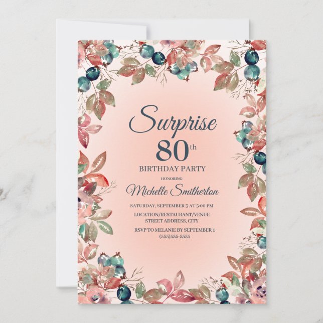 80. Überraschung Geburtstag Frauen Rosa Aquamarine Einladung (Vorderseite)