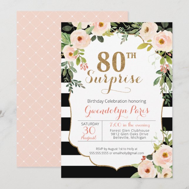 80. Überraschung Schwarz-weiß Stripe Floral Geburt Einladung (Vorne/Hinten)
