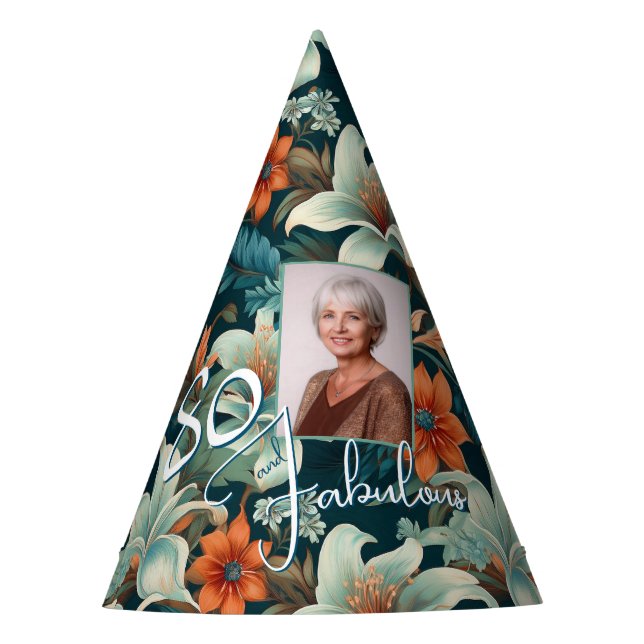 80 und fabelhafte Blume Muster Geburtstag Foto Partyhütchen (Vorderseite)