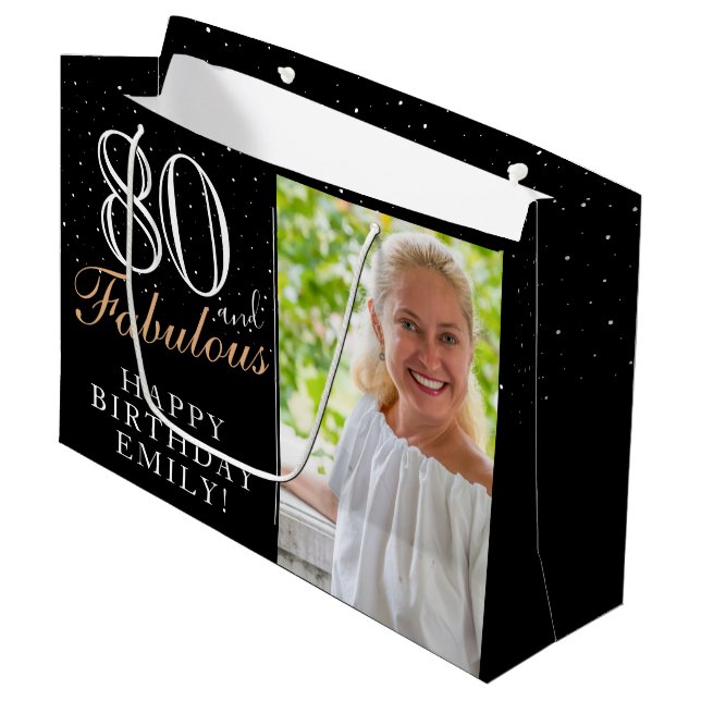 80 und fabelhafte Elegant Black 80 th Birthday Fot Große Geschenktüte (Vorderseite Schrägansicht)