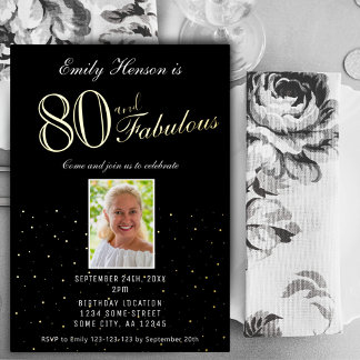 80 und fabulous Black 80. Geburtstag Gold Folieneinladung