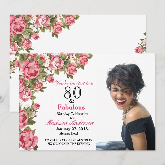 80 und Fabulous Floral | Einladungen zum 80. Gebur (Vorne/Hinten)
