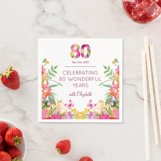 80 Years Floral Flowers - Butterfly 80th Birthday  Serviette (Beispiel)