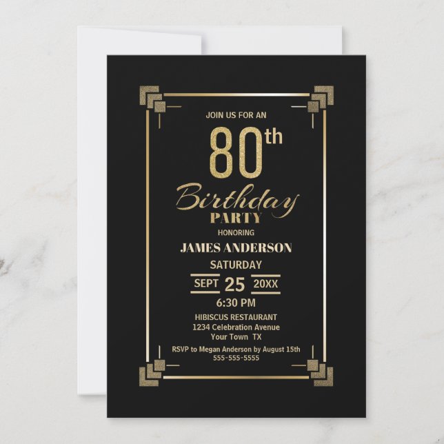 80e anniversaire Black and Gold Party Invitation (Devant)