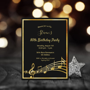 80e anniversaire Black gold music notes invitation