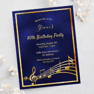 80e anniversaire bleu or musique notes invitation