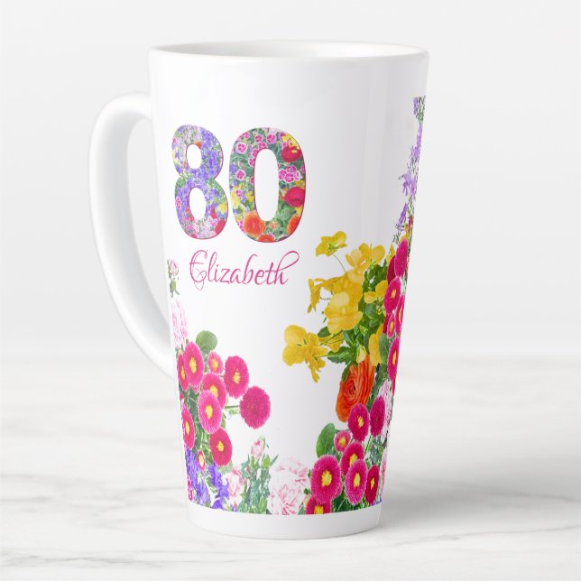80e anniversaire bouquet floral bouquet latte mug (Angle gauche)