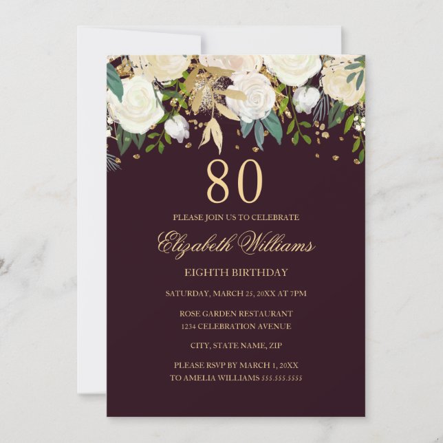 80e anniversaire Bourgogne Gold Floral Invitation (Devant)