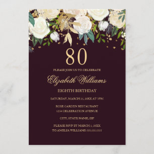 80e anniversaire Bourgogne Gold Floral Invitation