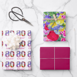 80e anniversaire fête florale papier d'emballage m