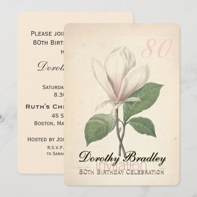80e anniversaire fête Magnolia invitation personna (Devant / Derrière)