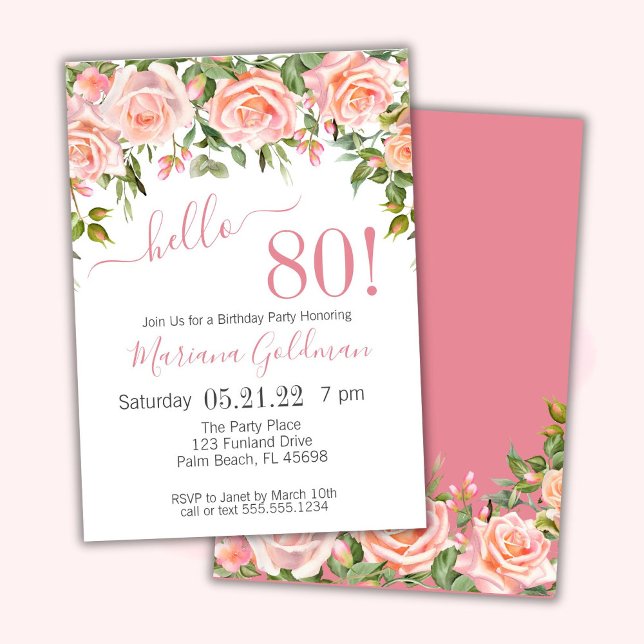 80e anniversaire Invitations Pink Floral Modern Pa (Créateur téléchargé)