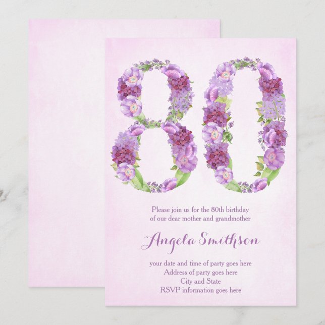 80e anniversaire invitations pour dame, quatre-vin (Devant / Derrière)
