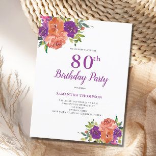 80e anniversaire Purple Floral Invitation