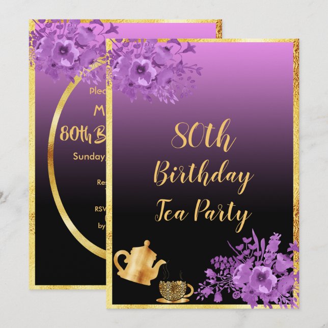80e anniversaire thé fête invitation noir violet (Devant / Derrière)