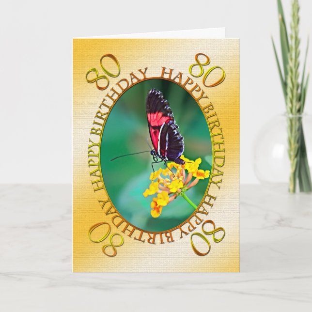 80e Carte d'anniversaire aux papillons et aux fleu (Devant)