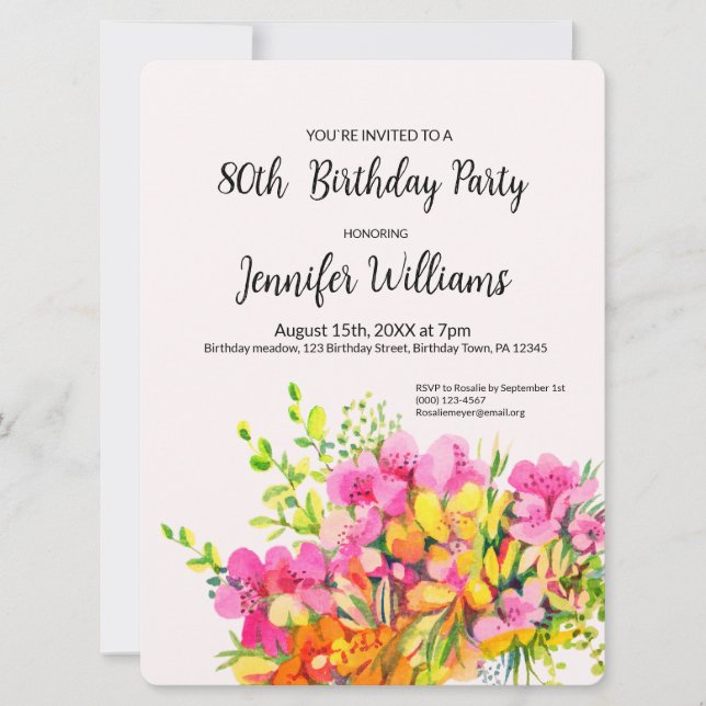 80e invitation anniversaire fleurs rose et orange (Devant)