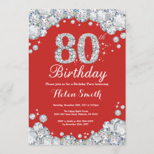 80e Invitation d'anniversaire Diamant rouge et arg