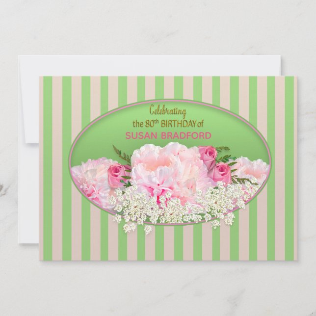 80e Invitation d'anniversaire, Feminine avec Fleur (Devant)