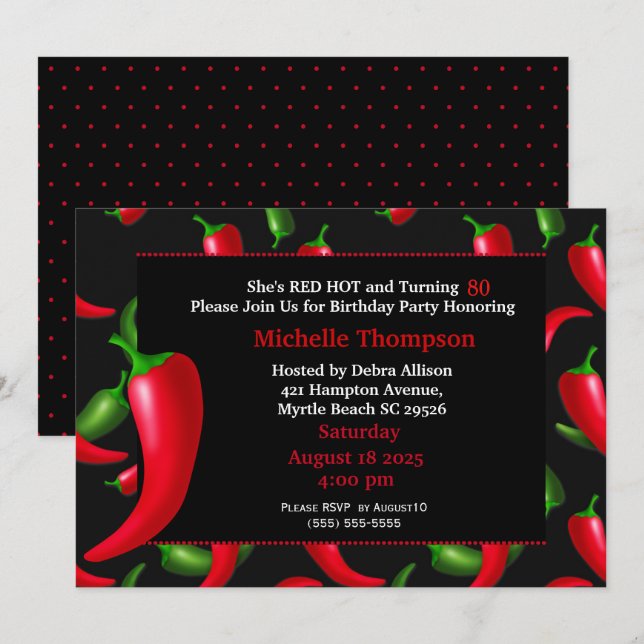 80e Poivre rouge Invitations d'anniversaire (Devant / Derrière)