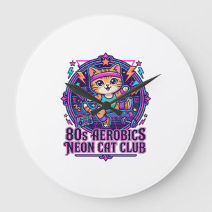 80er Aerobics Neon Katze Lustiges Katzenliebhaber- Große Wanduhr