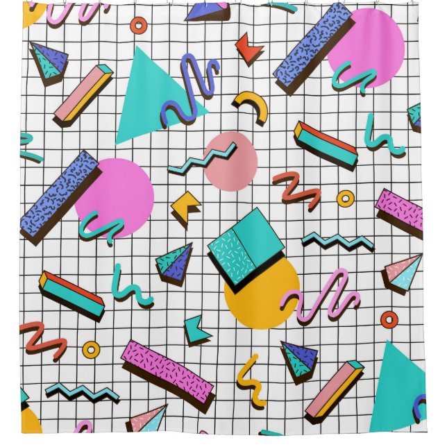 80er Bright Checkered: Vintag Geometrisch. Duschvorhang (Vorderseite)