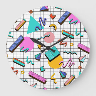 80er Bright Checkered: Vintag Geometrisch. Große Wanduhr