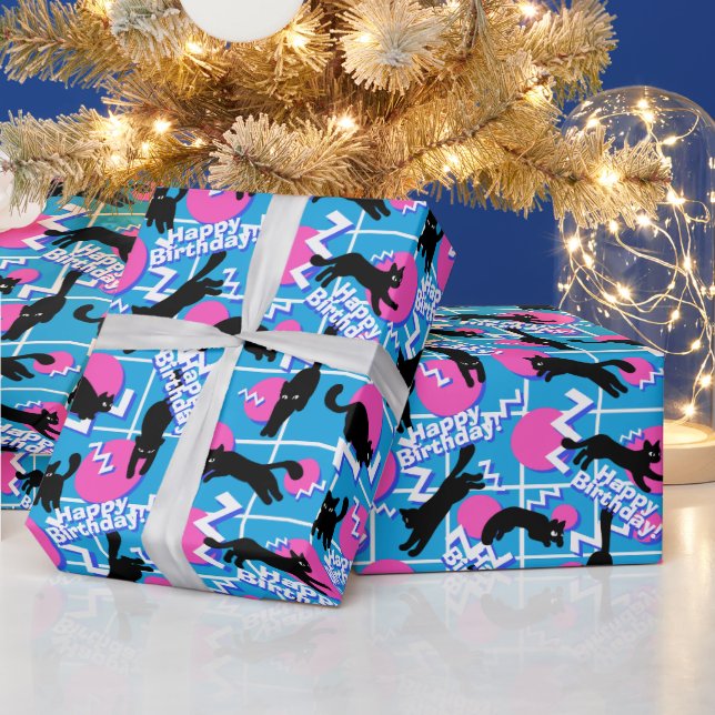 80er Cats Birthday Blue Geometric Memphis Muster Geschenkpapier (Feiertage)