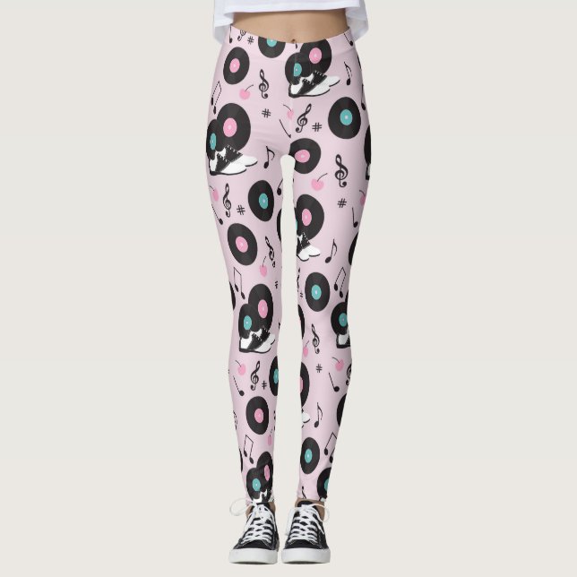 80er Disco Retro Rosa Vinyl Platten Leggings (Vorderseite)